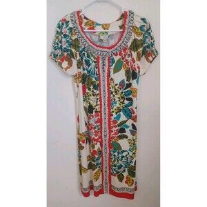 ECI New York Floral Shift Dress 10 Vtg Shortsleeve Beaded Tropical Hawaiian